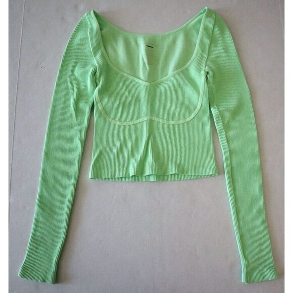 Intimately x Free People Women Sz XS Green Long Sleeve Ribbed Crop Top Shirt - Picture 1 of 4